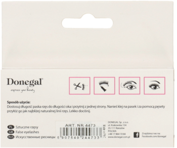 Tył opakowania sztucznych rzęs Donegal, z instrukcją użycia, ikonami i kodem kreskowym.
