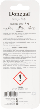 Tył białego opakowania Donegal kleju do rzęs czarnego 7g, z instrukcją, ostrzeżeniem i symbolem zagrożenia.