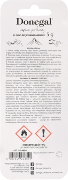 Tył opakowania Donegal transparentnego kleju do rzęs 5g, z instrukcją użycia i ostrzeżeniami bezpieczeństwa.