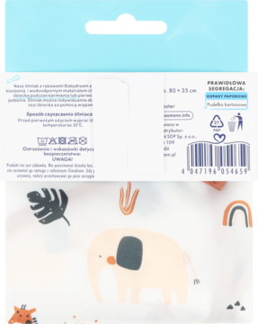 Tył opakowania Babydream śliniaka z rękawem, wodoodpornego, z grafiką beżowego słonika i napisami.