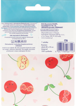 Tył opakowania śliniaka Babydream z rękawem, wodoodpornego. Wzór w czerwone wisienki i żółte serca, napisy PL.