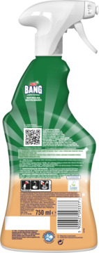 Tył butelki Cillit Bang Naturally Powerful 750ml, łazienkowy spray z naturalnymi składnikami i kwaskiem cytrynowym.