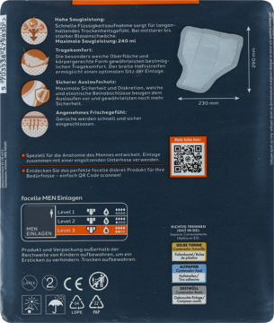 Tył granatowego opakowania wkładek higienicznych men Level 3 facelle. Widoczne niemieckie opisy cech produktu.