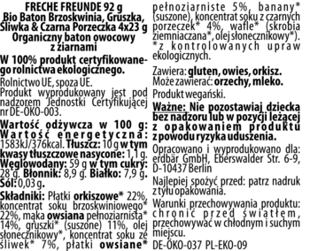 Tył opakowania ekologicznego batonu Freche Freunde: brzoskwinia, gruszka, śliwka, porzeczka, ze składem i danymi odżywczymi.
