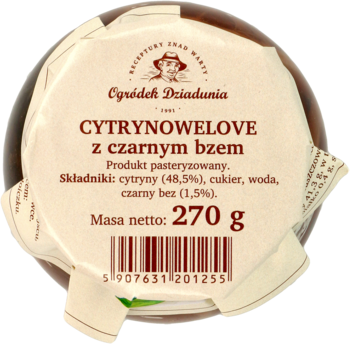 Okrągła zakrętka słoika Cytrynowelove z czarnym bzem, biała etykieta z brązowym napisem i kodem kreskowym.