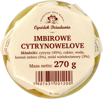 Okrągła etykieta Imbirowe Cytrynowelove Ogródek Dziadunia, widok z góry. Podano skład, waga 270g.