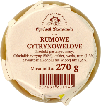 Okrągły słoik Ogródek Dziadunia Rumowe Cytrynowelove, jasne opakowanie, widok z góry. Etykieta 270g, z cytryną i rumem.
