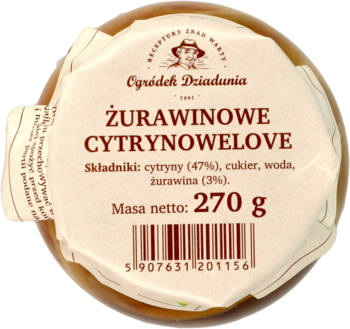 Okrągły słoik przetworów Żurawinowe Cytrynowelove 270g, widok z góry na jasną etykietę z tekstem.