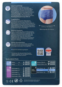 Tył granatowego opakowania męskich pieluchomajtek L z opisem cech, tabelą rozmiarów i wizualizacją produktu.