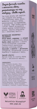 Tył fioletowo-różowego opakowania kremu Yope Bez i wanilia, z polskim opisem, składnikami i ikoną vegan.