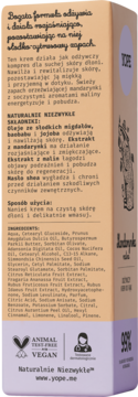 Tył pomarańczowo-fioletowego opakowania kremu Yope Mandarynka i Malina, widoczna lista składników.
