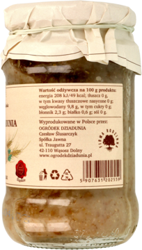 Tył szklanego słoika z zakwasem na żurek Ogródek Dziadunia. Etykieta z danymi producenta i wartościami odżywczymi.