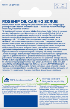 Tył białego opakowania NIVEA Rosehip Oil Caring Scrub z tekstami w wielu językach i info o CO2.