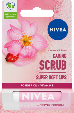 NIVEA Caring Scrub peeling do ust dzika róża, różowo-białe opakowanie z grafiką kwiatów, widok z przodu.
