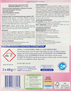 domol Wiosenna Świeżość kostki do WC, tył różowego opakowania z informacjami o produkcie i recyklingu.