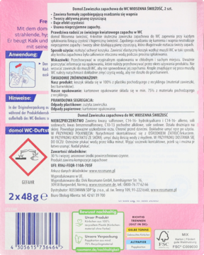 Tył różowo-białego opakowania domol kostki do WC Wiosenna Świeżość, podwójne 2x48g, szczegółowe info PL.
