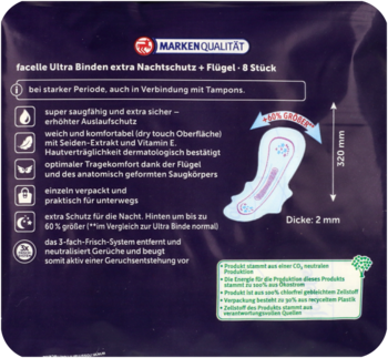 Tył opakowania facelle Ultra podpasek na noc, fioletowe, z listą cech produktu i schematem podpaski.