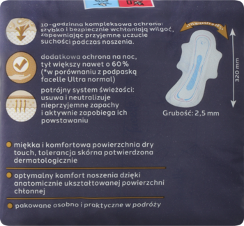 Tył opakowania podpasek facelle Ultra Extra na noc z opisem funkcji: 10h ochrona, 60% większy tył, 320mm.