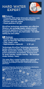 BRITA Hard Water Expert, granatowa etykieta filtra wody, tekst o redukcji kamienia, chloru i miedzi.