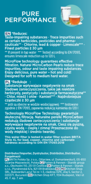 Etykieta filtra Brita Pure Performance, turkusowe tło, tekst o redukcji kamienia i chloru, grafika wody/herbaty.