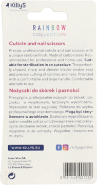 KillyS tęczowe nożyczki do skórek i paznokci, tył opakowania z opisem, do sterylizacji w autoklawie.