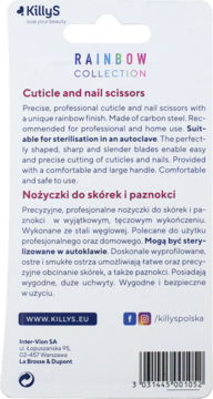 Tył opakowania nożyczek KillyS Rainbow Collection do skórek i paznokci. Biała etykieta z tęczowym paskiem, opisem i kodem kreskowym.