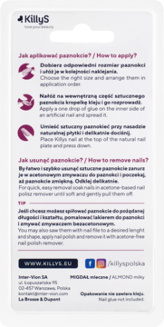 Tył opakowania KillyS sztucznych paznokci migdałowych mlecznych, z polsko-angielskimi instrukcjami aplikacji.