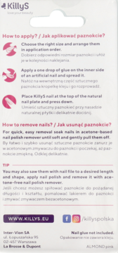 Back of KillyS artificial nails packaging, white with pink/purple text: application, removal, tips, contact info for ALMOND-pink nails.
