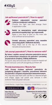 Tył opakowania sztucznych paznokci KillyS z instrukcjami aplikacji i usuwania w języku polskim i angielskim.