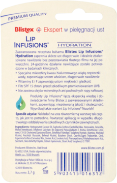 Tył opakowania balsamu Blistex Lip Infusions Hydration, z opisem produktu, składem i kodem kreskowym w języku polskim.