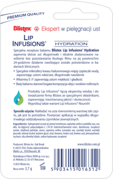 Tył białego kartonowego opakowania Blistex Lip Infusions Hydration 3,7g, z opisem nawilżającym i kodem kreskowym.