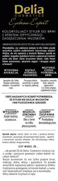Czarny panel informacyjny Delia Cosmetics Eyebrow Expert, złote logo, biały opis stylera do brwi.