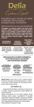 Delia Cosmetics Eyebrow Expert, koloryzujący styler do brwi z efektem zagęszczającym, tekst na brązowym tle.