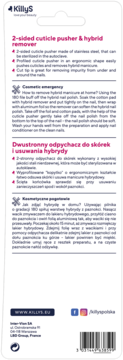 Tył opakowania KillyS dwustronnego odpychacza do skórek i usuwania hybrydy, z opisem, kodem kreskowym.