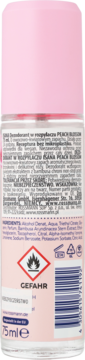 Tył dezodorantu Isana Peach Blossom spray 75ml, przezroczysta butelka z różową nakrętką, widoczny skład i ostrzeżenia.
