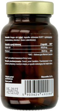Tył ciemnobrązowej butelki Kolagenu z witaminą C, z tabelą składników odżywczych dla wsparcia skóry i stawów.