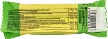 Tył zielono-żółtego opakowania batonika BIO Lemon&Coconut 50g, widoczna tabela wartości odżywczych i kod kreskowy.