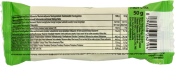 Tył zielono-białego opakowania batonu BIO Coconut&Cocoa 50g, z tabelą wartości odżywczych i składników.
