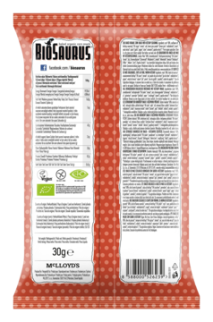 Tył opakowania chrupek kukurydzianych BioSaurus Ketchup 30g z listą składników, wartością odżywczą.