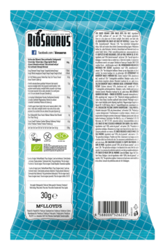 Tył opakowania chrupek kukurydzianych Biosaurus Sea Salt 30g, jasnoniebiesko-biały wzór kraty, z danymi odżywczymi.