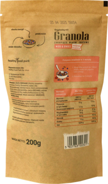 Tył brązowej paczki granoli Healthy Food Park Miód & Owoce 200g, bez dodatku cukru, z tabelą wartości odżywczych.