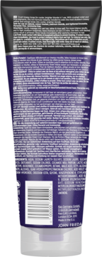 Tył fioletowej tubki szamponu John Frieda Violet Crush do włosów blond, z tekstem i kodem kreskowym.