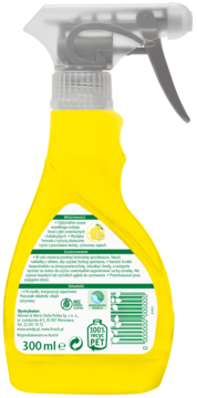 Frosch cytrynowy spray do kuchenek, tył żółtej butelki 300ml z etykietą, kodem i logo 100% rPET.