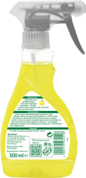 Tył żółtej butelki Frosch cytrynowy płyn do kuchenek 300ml z polską etykietą i kodem kreskowym.