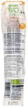 Tył wegańskiego bio-batonu enerBiO Veggie Snack z papryką, widoczne etykiety ze składnikami i datą ważności.