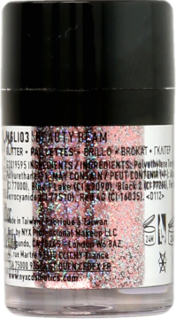 Słoiczek różowego, holograficznego brokatu NYX Metallic Glitter, tył opakowania z widoczną etykietą i listą składników.