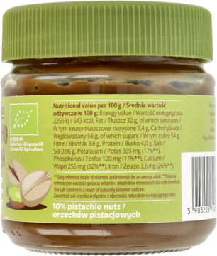 Tył szklanego słoika ekologicznego kremu pistacjowo-kakaowego. Etykieta z wartościami odżywczymi, 10% orzechów pistacjowych.