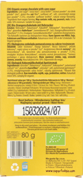 Tył opakowania wegańskiej czekolady pomarańczowej 80g z cukrem trzcinowym, z datą ważności i etykietą bio.