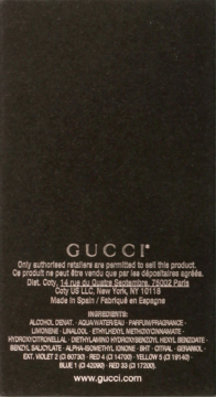 Tył czarnego opakowania perfum Gucci Guilty z białym tekstem, widoczna lista składników i dane producenta.