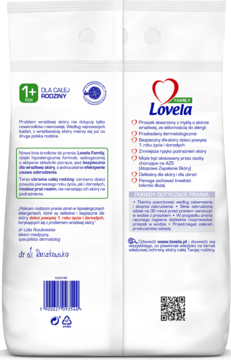 Tył opakowania hipoalergicznego proszku Lovela Family do kolorowych ubrań dla całej rodziny od 1. roku życia.